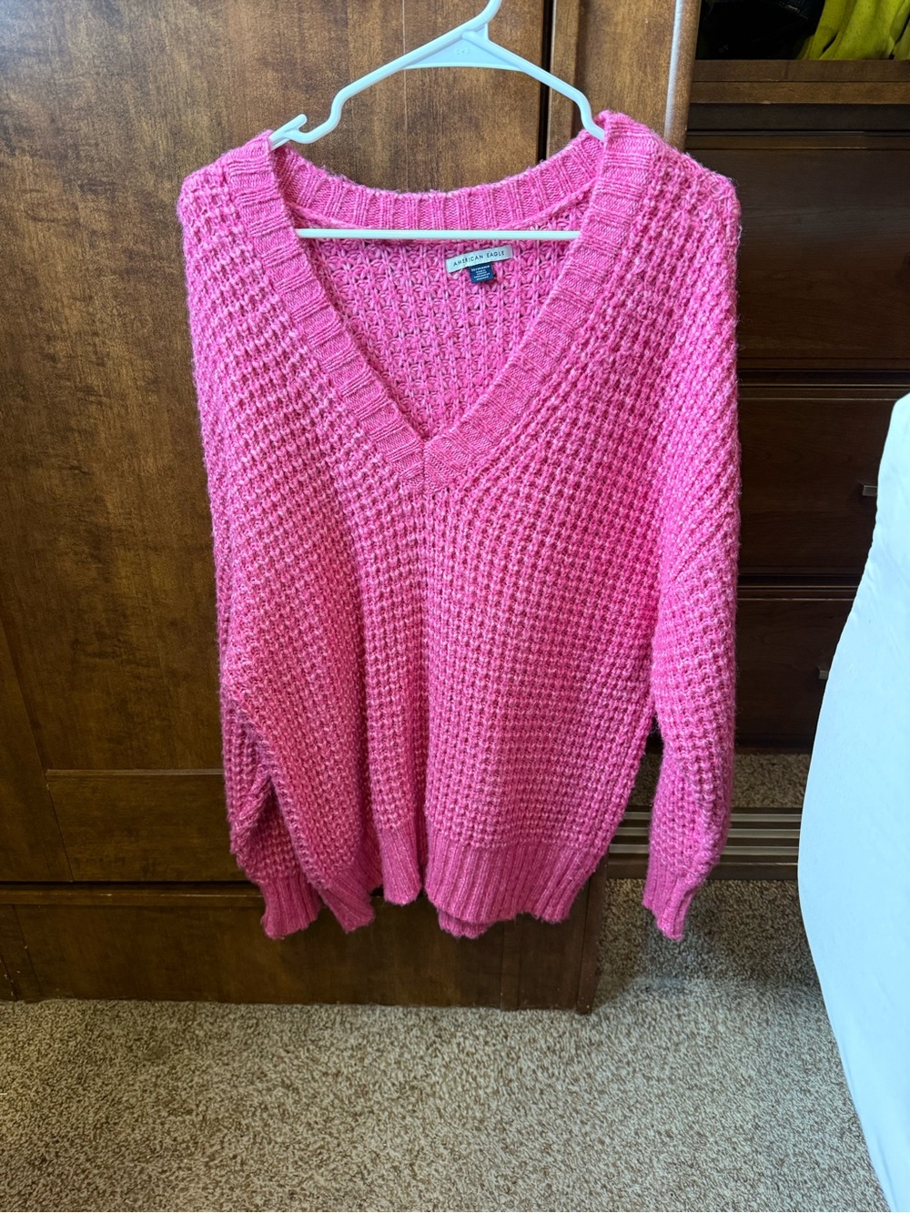 American Eagle Outfitters Bright Pink V-Neck Chunky Knit Sweater